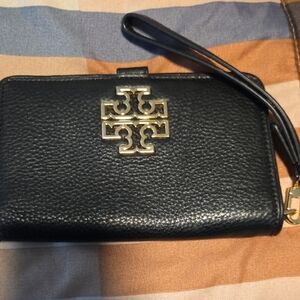 Tory Burch Black Pebbled Leather Wristlet with Gold Logo